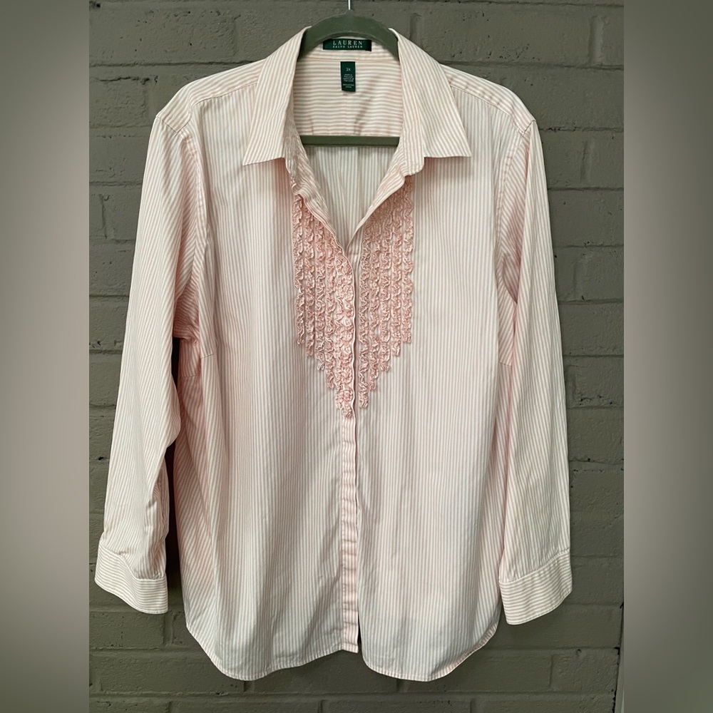 Lauren Ralph Lauren ruffle front stripe shirt 3X - Picture 3 of 13